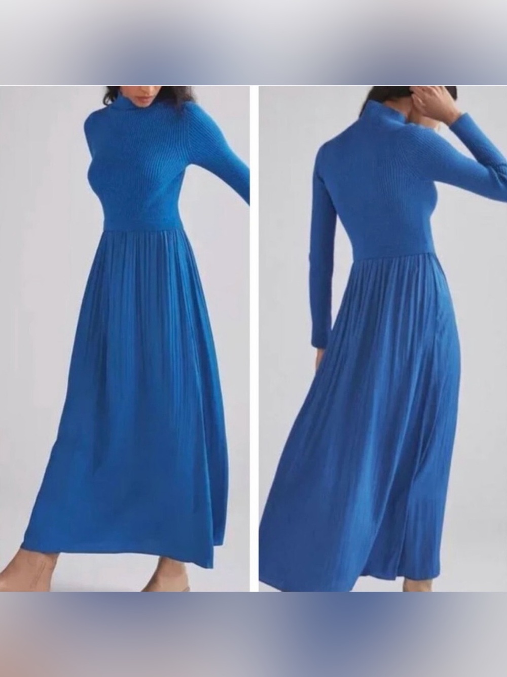 Anthropologie Thea Twofer Blue Ribbed Knit Pleated Skirt Maxi Sweater Dress